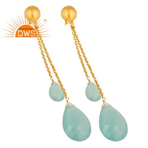 Multi Aqua Chalcedony Chain Dangle Earrings Solid Sterling Silver Earrings Gold Plated Jewelry Supplier - Product Image 2