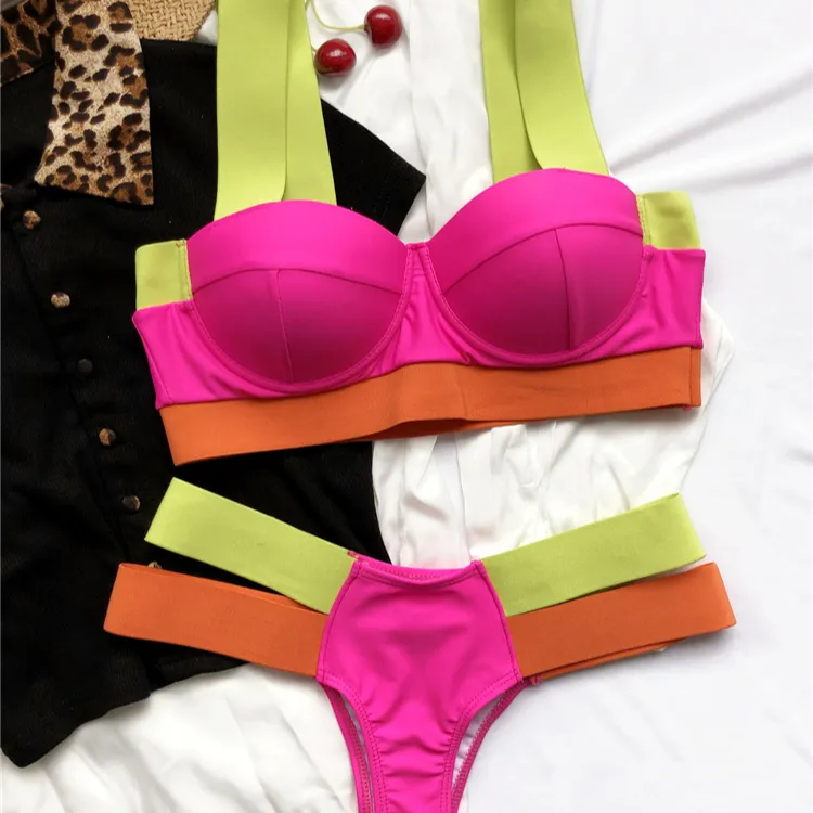 fashion woman sexy 2 pcs neon bathing suits beachwear bikini set