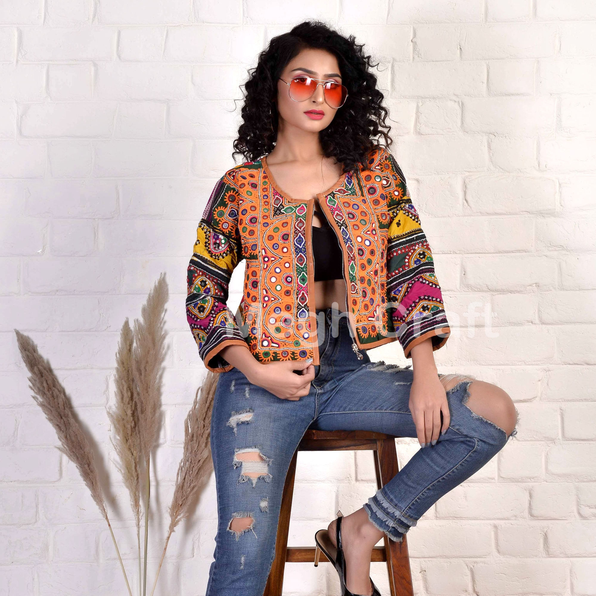 Women's Winter Vintage Embroidery Mirror Work Slim Fit Bomber Jacket-Boho  Gypsy Hippie Style 100% Cotton Eco-Friendly