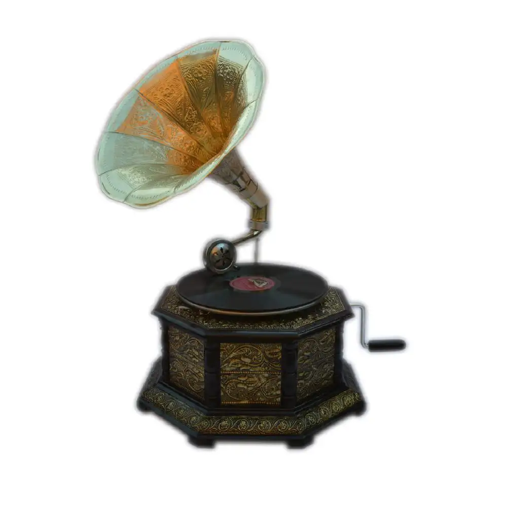 Diseño de gramófono antiguo con Metal de latón y madera en oro, acabado para decoraciones del hogar y accesorios, productos antiguos