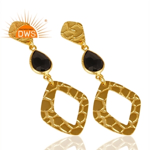 14k <b>Gold</b> Plated 925 Sterling Silver <b>Earrings</b> Jewelry Manufacturer <b>Black</b> Onyx Gemstone Dangle <b>Earrings</b> Wholesaler - Product Image 2