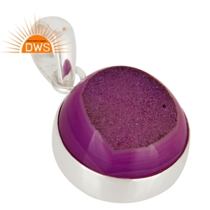 Colgante Redondo Único de Plata de Ley con Piedra Preciosa Natural de Druzy Rosa, Proveedor de Joyería, Colección Clásica - Product Image 2