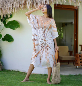 Vestido Kaftán de Diseño Ligero de Una Pieza para Mujer, con Cuello en V y Encaje de Rayón Suave, Estampado Tie Dye - Product Image 3