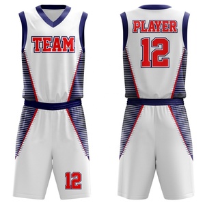 Maillot de basketball personnalisé par sublimation pour équipe, blanc, rouge, bleu, col en V, sans manches, anti-humidité, 100 % polyester, logo frontal, adulte - Product Image 1