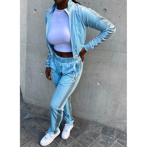 Best Quality VELOUR PANELLED TRACK JACKET - BABY BLUE Zippered Women Jacket Custom Logos - Product Image 5