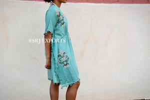 Collection supérieure fait à la main indien caftan couverture robe Floral sarcelle corail brodé taille élastique 100% coton dentelle plage gland - Product Image 3