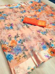 ชุดส่าหรีพิมพ์ลายเสื้อเบลาส์ที่สวยที่สุดผ้าอินเดียลูกไม้ขอบเป็นเส้นไหมที่สวยงามมากสำหรับผู้หญิงส่าหรี - Product Image 5