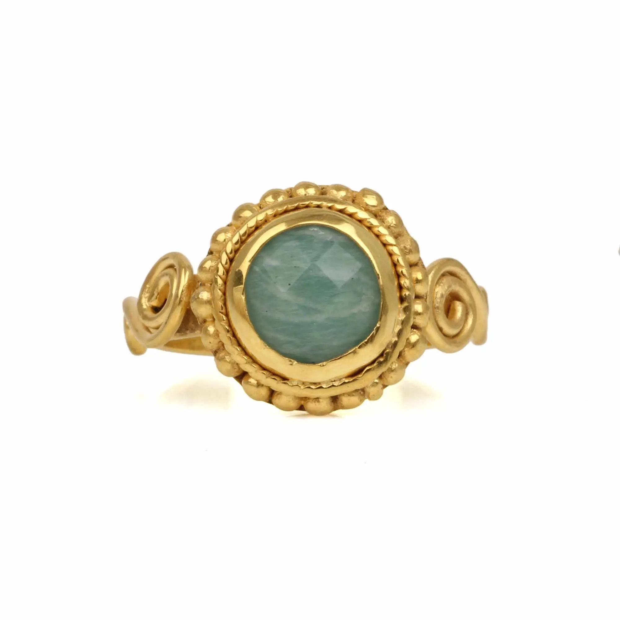 8mm Natural Green Amazonite Gemstone Bezel Sterling Silver Top Polished 18k Gold Plated Dainty Designer Round Ring Women Jewelry