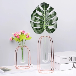 Jarrón de Vidrio con Marco Metálico Minimalista y Acabado en Oro Rosa, Decoración de Mesa, Puede Contener Agua, Ideal para Regalo de Inauguración de Casa - Product Image 1
