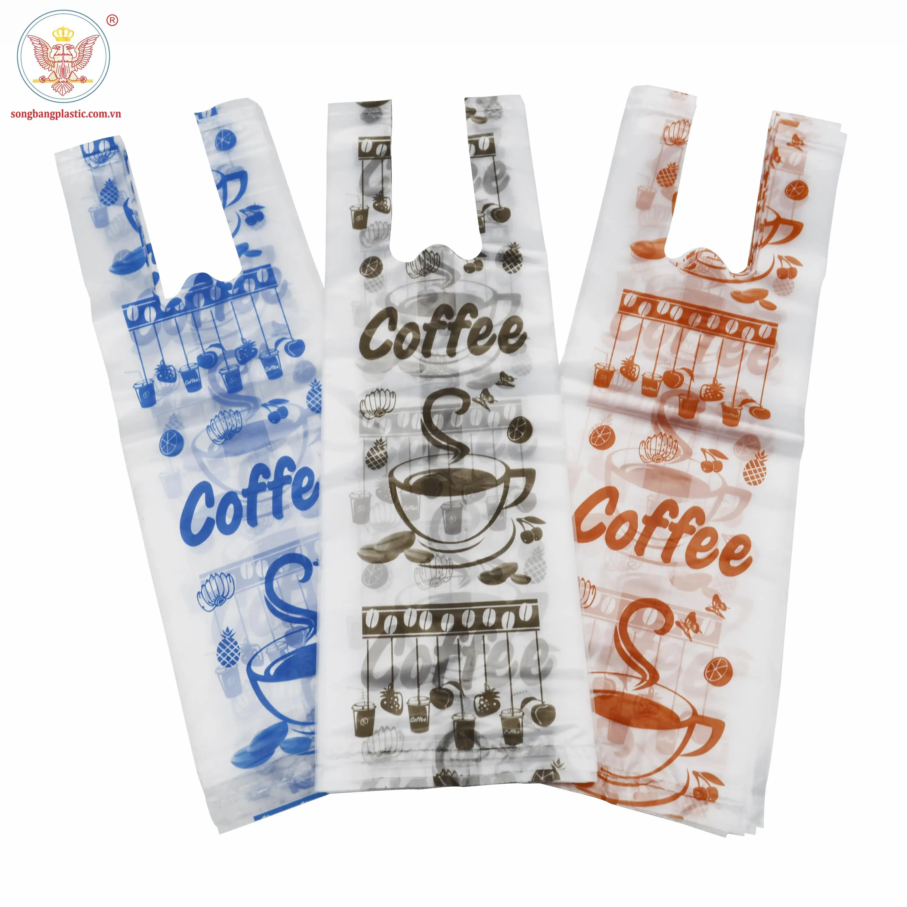 Vietnam factory plastic bag coffee single, double carry t-shirt bags for milk tea take out custom printing