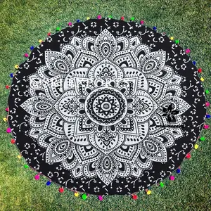 Large Roundie Round Fringe indian Mandala tapestry Throw Beach Towel 56 " Black Hippie Mandala Round Tapestry Lotus Printed Desi
