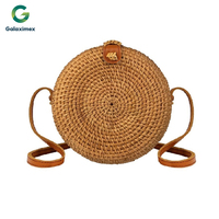 Penjualan Panas Galaximex Tas Tangan Bulat Anyaman Rotan Buatan Tangan dengan Kulit Warna Alami Desain Kustom 20x7cm untuk Wanita Grosir