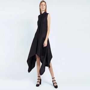 Hermosa negrita negro asimétrico vestido de lino con cuello y equipado cintura hermosa ligero vestido negro para señoras calientes - Product Image 1