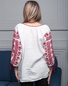 เสื้อเบลาส์แขนยาวสำหรับผู้หญิง,เสื้อเบลาส์แขนยาวปักลายแอซเท็กผ้าลินินแบบชาวนาปี100% สีเขียวแบบยูเครน - Product Image 2