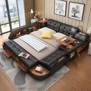 Yatak odası mobilyası Modern tasarım deri karyola iskeleti katı ahşap deri kumaş yatak