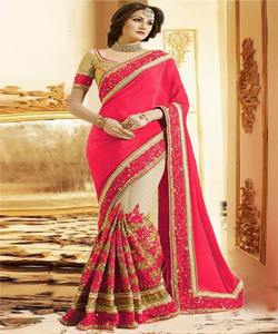 Diseñador de color naranja indio Sari blusa pieza de ropa de fiesta para mujer; Red bordada seda flor diseño perla trabajo; Modal viscosa - Product Image 2