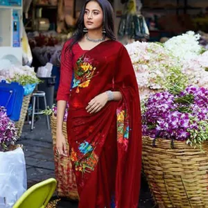 Saree Cotton Của Phụ Nữ Có In Hoa Cho Dịp Đặc Biệt Với Áo Mảnh
