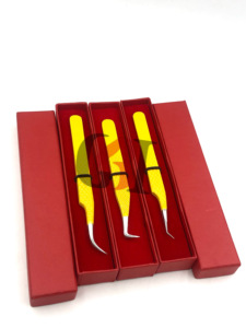 Ensemble de pinces à cils en acier inoxydable avec revêtement en poudre jaune, outils de précision pour l'extension des cils, emballage en boîte rouge - Product Image 6