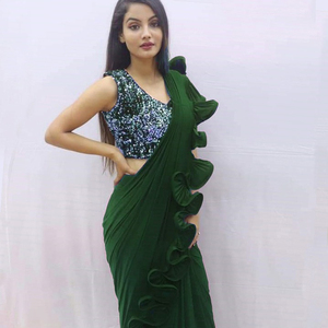 Look le plus attrayant tenue de soirée saree en satin de soie avec contras chemisier pièce femmes indiennes portent sari bas prix en gros surat alphanumero - Product Image 1