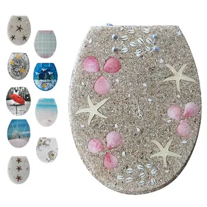 Thiết kế hiện đại nhiệm vụ nặng nề nhựa nhà vệ sinh chỗ ngồi kéo dài mềm đóng nhanh chóng phát hành seashells Bìa 3D hiệu ứng Acrylic ghế khách sạn