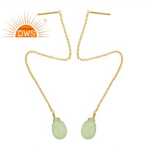 Boucles d'oreilles pendantes en argent sterling 925 plaqué or style indien avec pierre précieuse calcédoine préhnite - Bijoux tendance pour mariage et soirée - Product Image 1