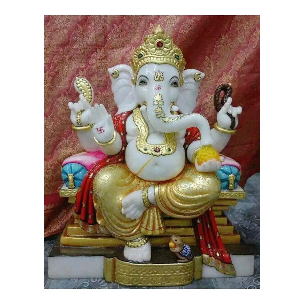 Handgemachte Lord Ganesh bunte weiße Marmorstatue