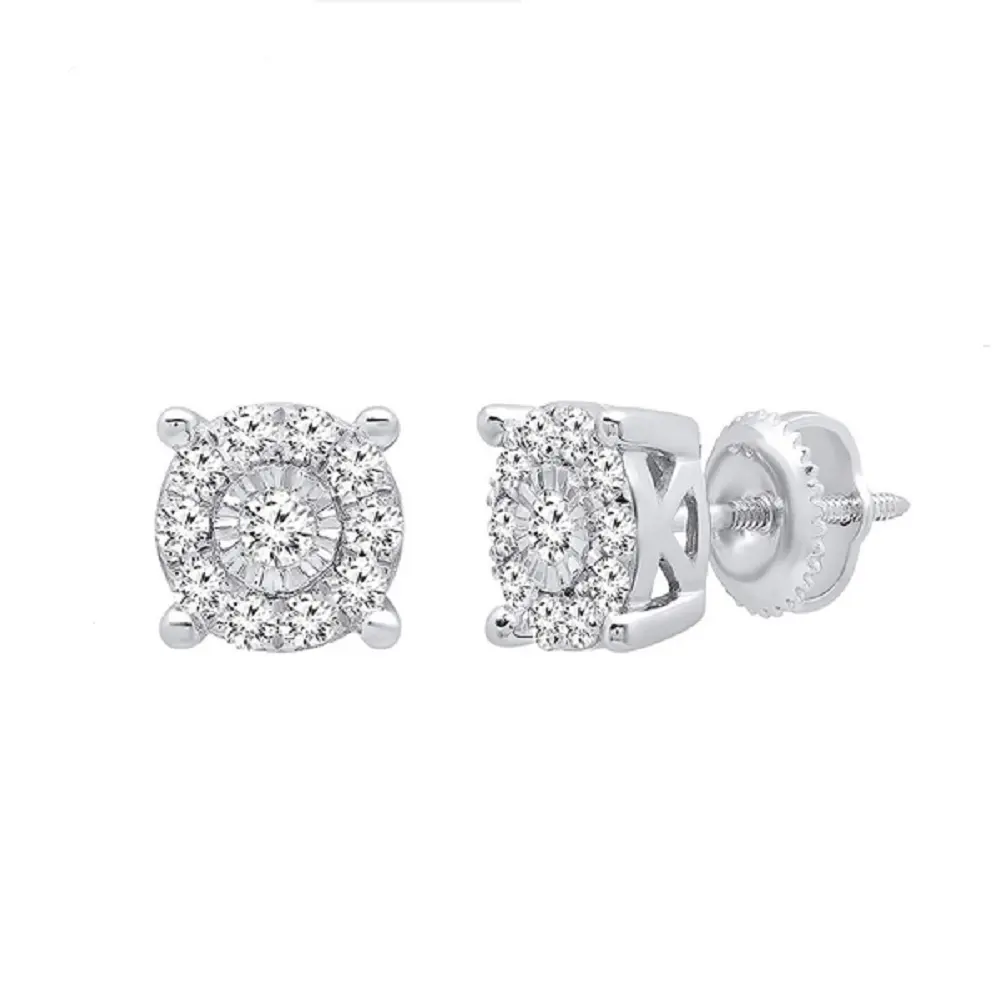 0.50 Carat  ctw  Round Illusion Set Diamond Ladies Halo Stud Earrings 1/2 CT  10K White Gold