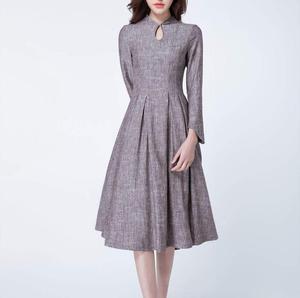 Mode femmes tendance couleur grise col rond longueur de plancher formelle solide à manches longues femmes robe en lin - Product Image 5