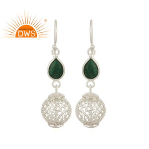 <b>Solid</b> Sterling <b>Silver</b> Ball Drop Earring Jewelry Woman's Dangle Earrings Green Emerald Gemstone Hook Earrings Jewelry - Product Image 1