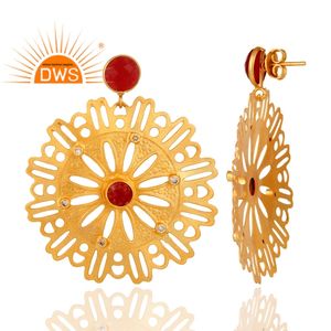 Pendientes Colgantes de Latón con Diseño Filigrana y Baño de Oro de 22k, Joyería al por Mayor con Circonitas y Aventurina Roja - Product Image 3