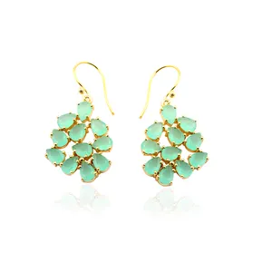 Mode Joyas, Pear Shape Stones Gold Plated Earring Aqua Chalcedony Gemstone Stud Earring Hook Prong Setting Jewellery, E-319.