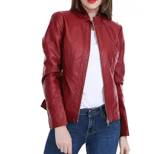 Ladies Biker Leather Jacket Short Cropped Real Soft Leather Jacket Lamb Sheep Women Jackets in Red Color Stand Slim Winter Thick