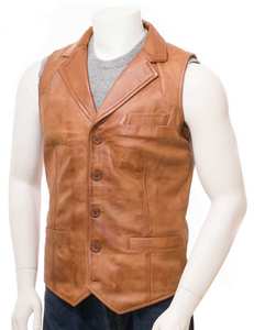 Chaleco de cuero de motorista para hombre HILV07 de cuero marrón genuino 100% - Product Image 1