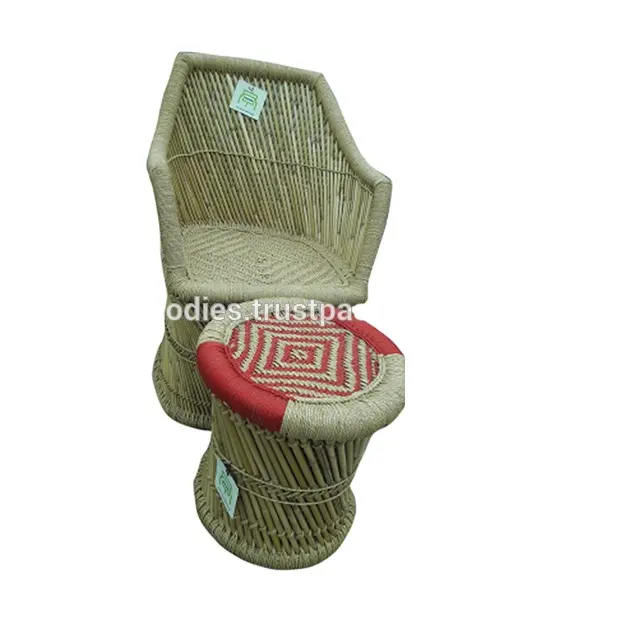 2024 Custom Portable Design Natural Cane Bamboo Beige Red Chair and Stool Set of 2 pieces for Indoor Outdoor Living Room Garden Sets