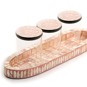 Bandeja de bambú artesanal para decoración del hogar, juego árabe de frascos de vidrio con bandeja para madre de perla, crema marrón - Product Image 5