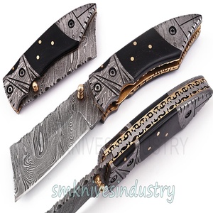 Couteau de poche pliable fait à la main, outil de damas avec une gaine en cuir (smk1318) - Product Image 2