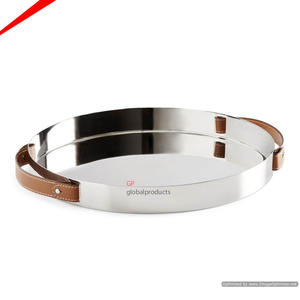 Plateau de service rond en acier inoxydable, de qualité supérieure avec design à fleurs dorées sur le plateau de serveur, pour aliments - Product Image 3