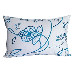 Blue Flowers Embroidery <b>Satin</b> Stitch Throw <b>Pillow</b> Designer Cushion Cover with Leaves Pattern for Hotel Use and Sleep Comfort - Product Image 1