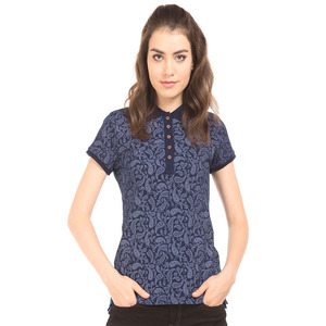 Polo Femme Bleu Floral Décontracté Tricoté Streetwear - Product Image 4