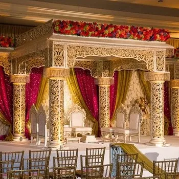 Новый дизайн дульхан индийский свадебный мандап шесть колонн волоконный Золотой резной мандап набор свадебный Золотой храм стиль волокна Jali мандап