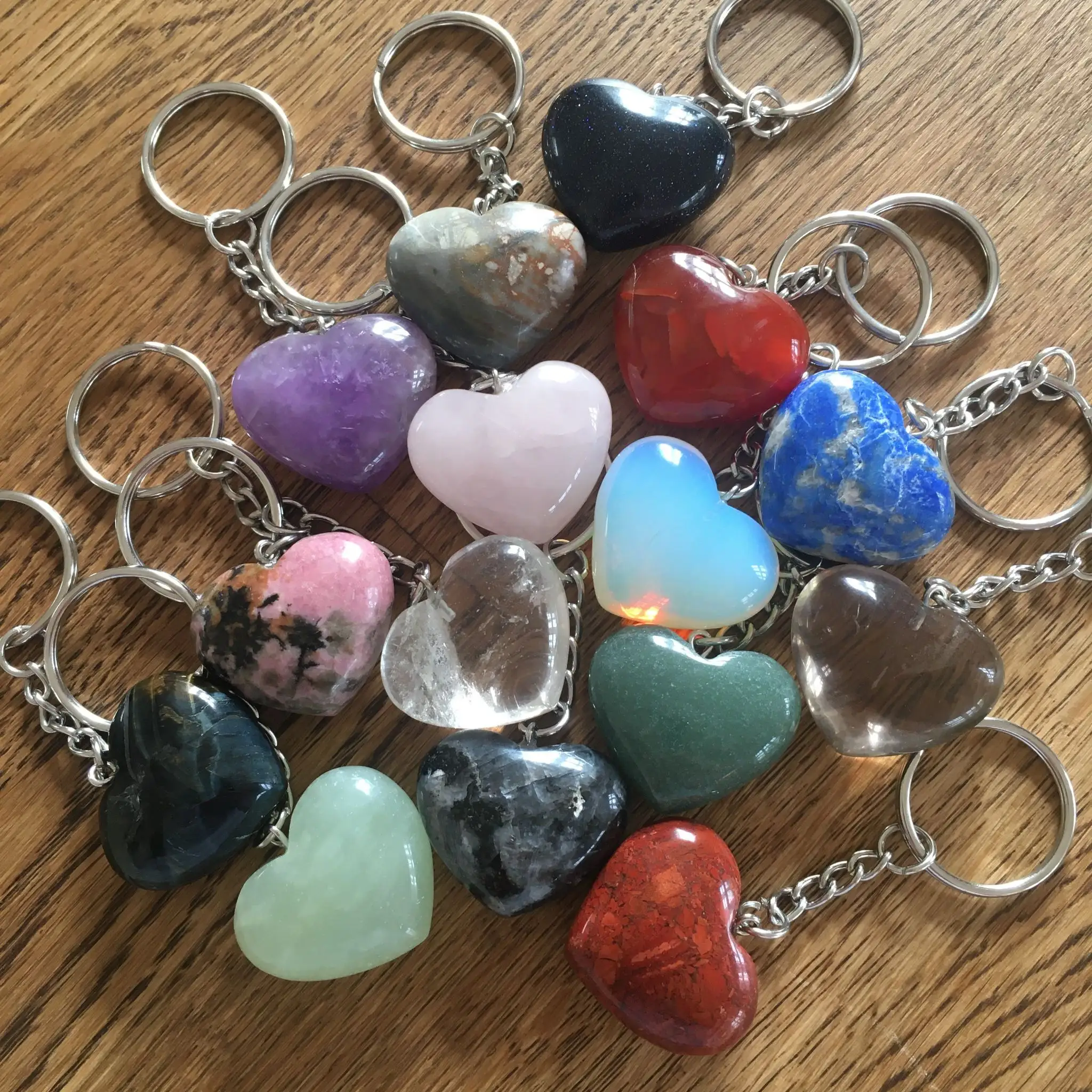 Mix colour heart shape Gemstone Pendant Keychain with puffy heart Natural Healing Stones Key Ring