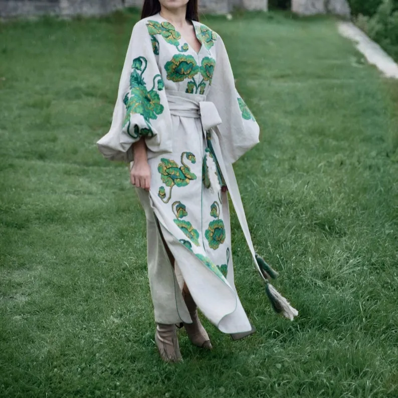 Blusa bordada de lino con cinturón de manga larga Vyshvanka étnica de Ucrania para mujer