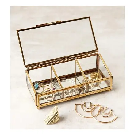 インドのリングネックレスウォッチと化粧品収納ボックス用の最高品質のゴールドメタルとガラスのジュエリーボックス