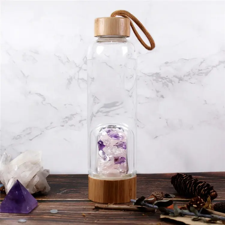 Minimalismo bottiglie di acqua gemma infuso elisir di cristallo da 15 once con coperchio in bambù a tenuta stagna e custodia protettiva per un regalo sano