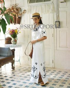 Traditional Indian Floor-Length Bohemian Folk <b>Kaftan</b> Dress Floral Embroidery Aari Chain Stitch 100% Cotton Breathable <b>Summer</b> - Product Image 6