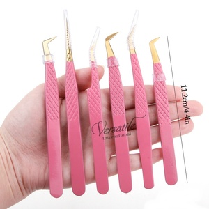 Juego de pinzas voluminosas de revestimiento de polvo sólido rosa con logotipo personalizado, pinzas de extensión de pestañas de acero inoxidable, pestañas de belleza con punta dorada - Product Image 1