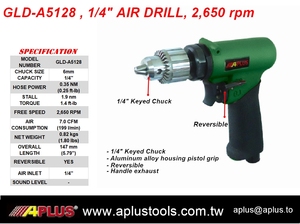Perceuse pneumatique APLUS GLD-A5128 verte, 2850 tr/min, réversible, mandrin 1/4'', couple de serrage 1,9 Nm, type d'engrenage OEM, certifiée ISO9001, 198 L/MIN - Product Image 2