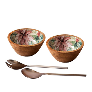 Ensemble de saladiers en bois faits à la main avec intérieur en émail floral et serveurs en métal, parfait pour servir les repas et la décoration de la maison - Product Image 1