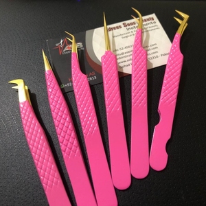 Pince à épiler d'extension de cils personnalisée rose vif et or acier inoxydable japonais volume de poignée de diamant solide et durable pointu - Product Image 5