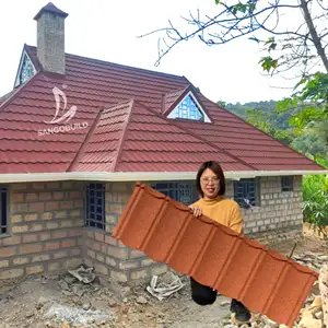 勃艮第金属屋顶板别墅花园轻质美丽彩色石材涂层钢屋面砖
